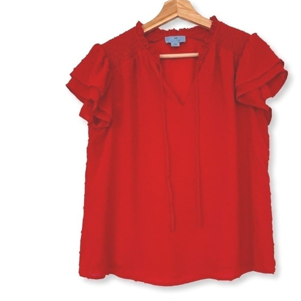 CeCe Red Clip Dot Flutter Sleeve Smocked Shoulder Split Neck Tie Top Tomato Girl